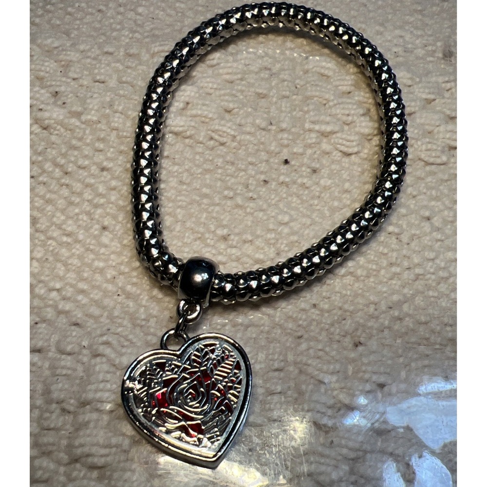 Silver rose, charm, bracelet Popcorn Chain Heart Flower rhinestone Silver Plated - Picture 10 of 10